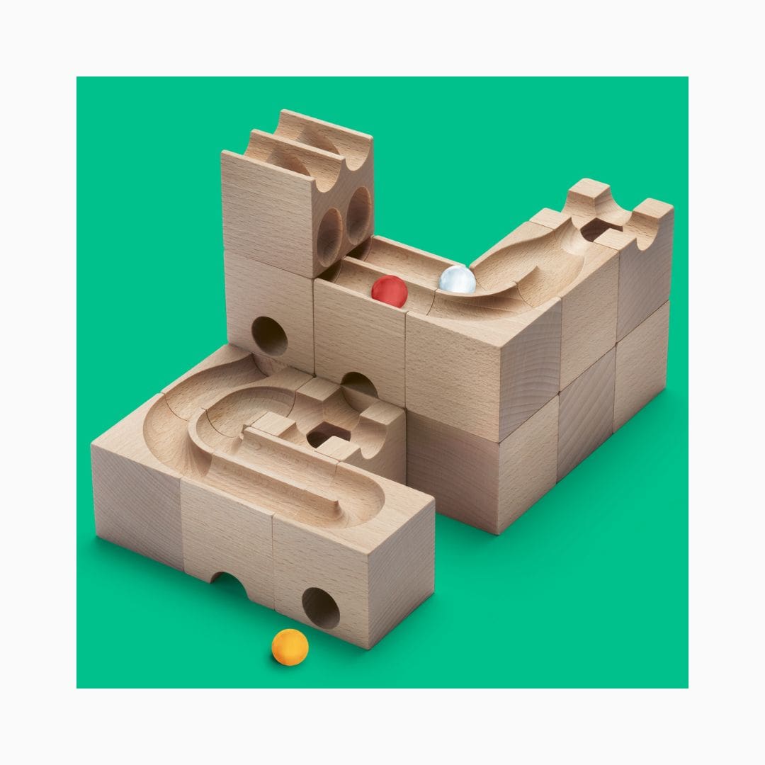 CUBORO DUO houten knikkerbaan uitbreidingsset met 16 bouwelementen