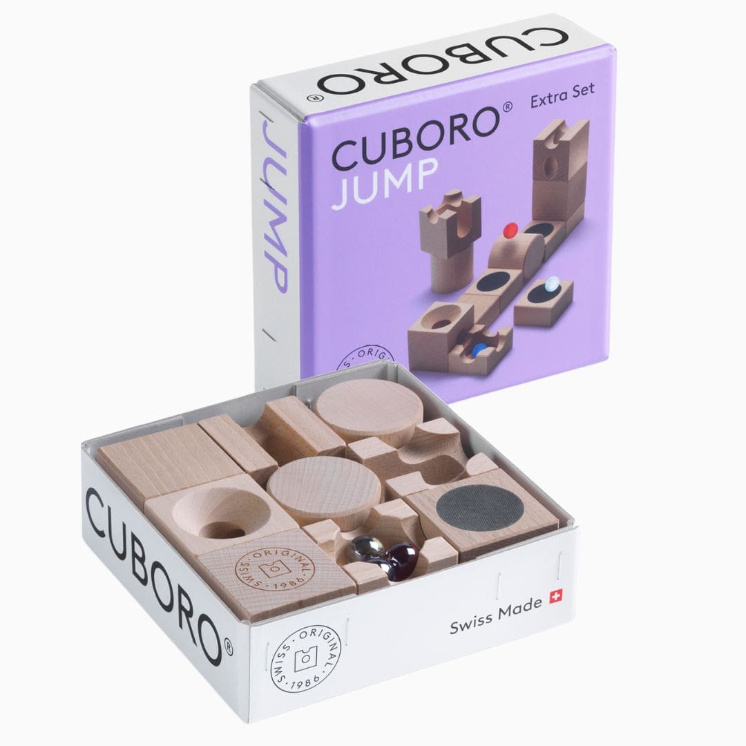 CUBORO JUMP uitbreidingsset met trampolines voor de houten knikkerbaan