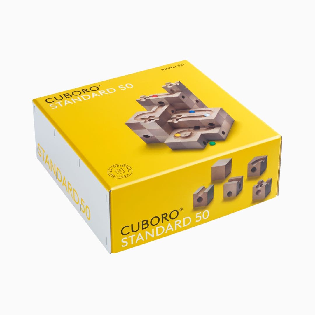 CUBORO Standard 50 houten knikkerbaan met 5 knikkers en 50 houten bouwblokken