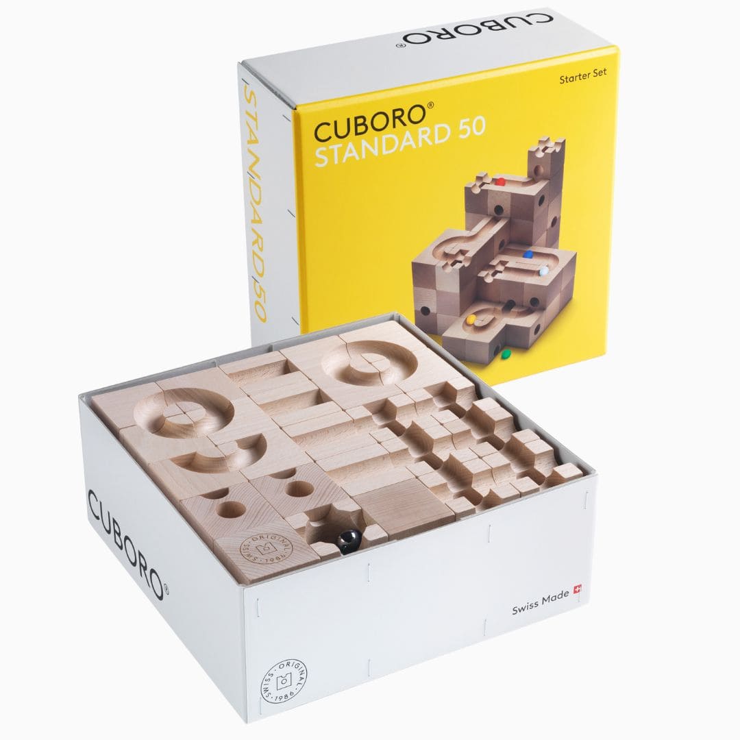 CUBORO Standard 50 houten knikkerbaan met 5 knikkers en 50 houten bouwblokken