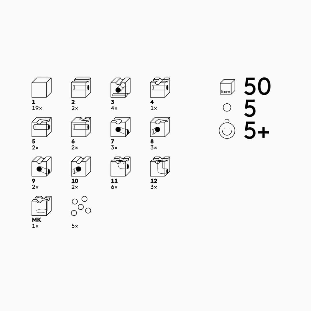 CUBORO Standard 50 houten knikkerbaan met 5 knikkers en 50 houten bouwblokken