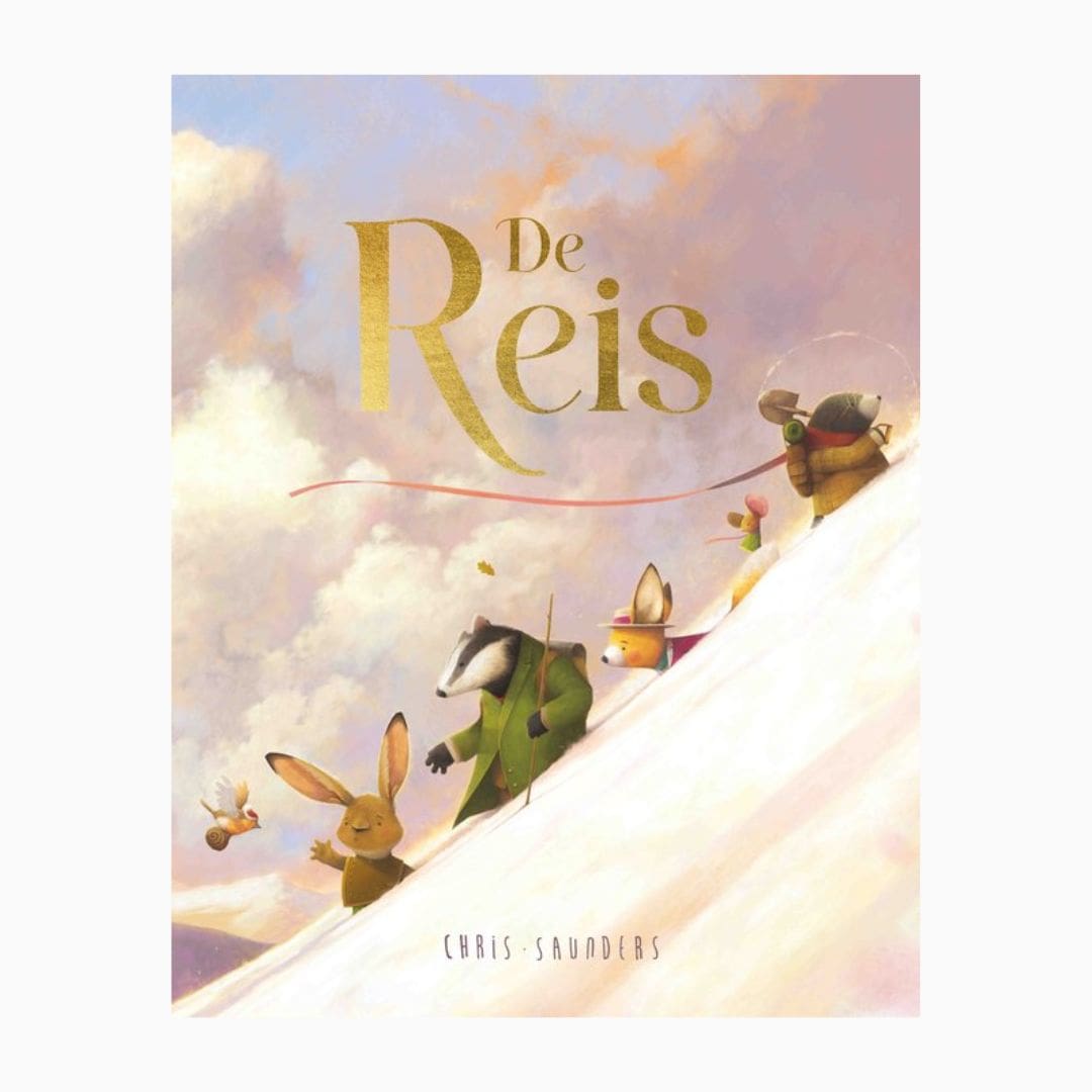 Prentenboek de Reis van auteur Chris Saunders uitgegeven door uitgeverij Rebo met een mol, muis, vos, konijn, roodborstje en slak
