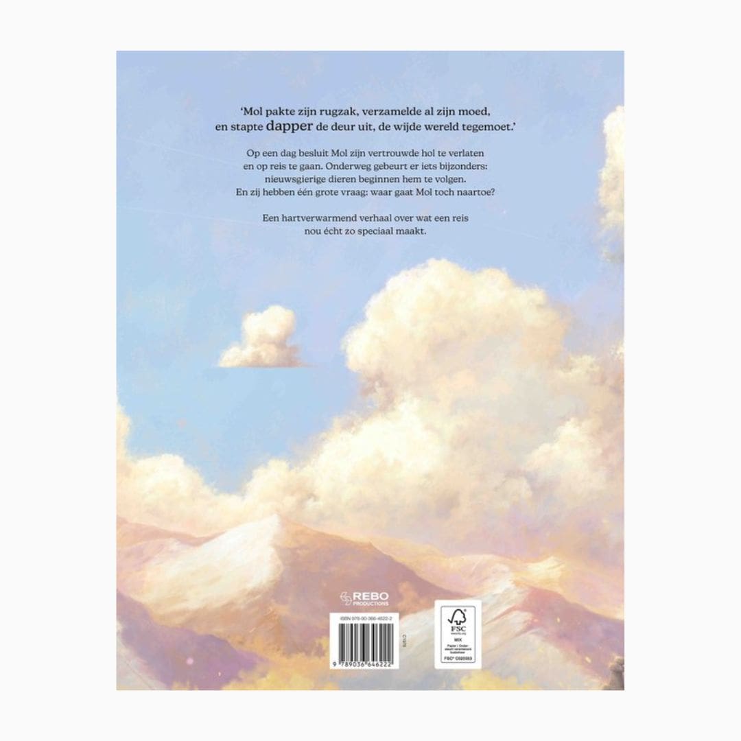 Prentenboek de Reis van auteur Chris Saunders uitgegeven door uitgeverij Rebo met een mol, muis, vos, konijn, roodborstje en slak