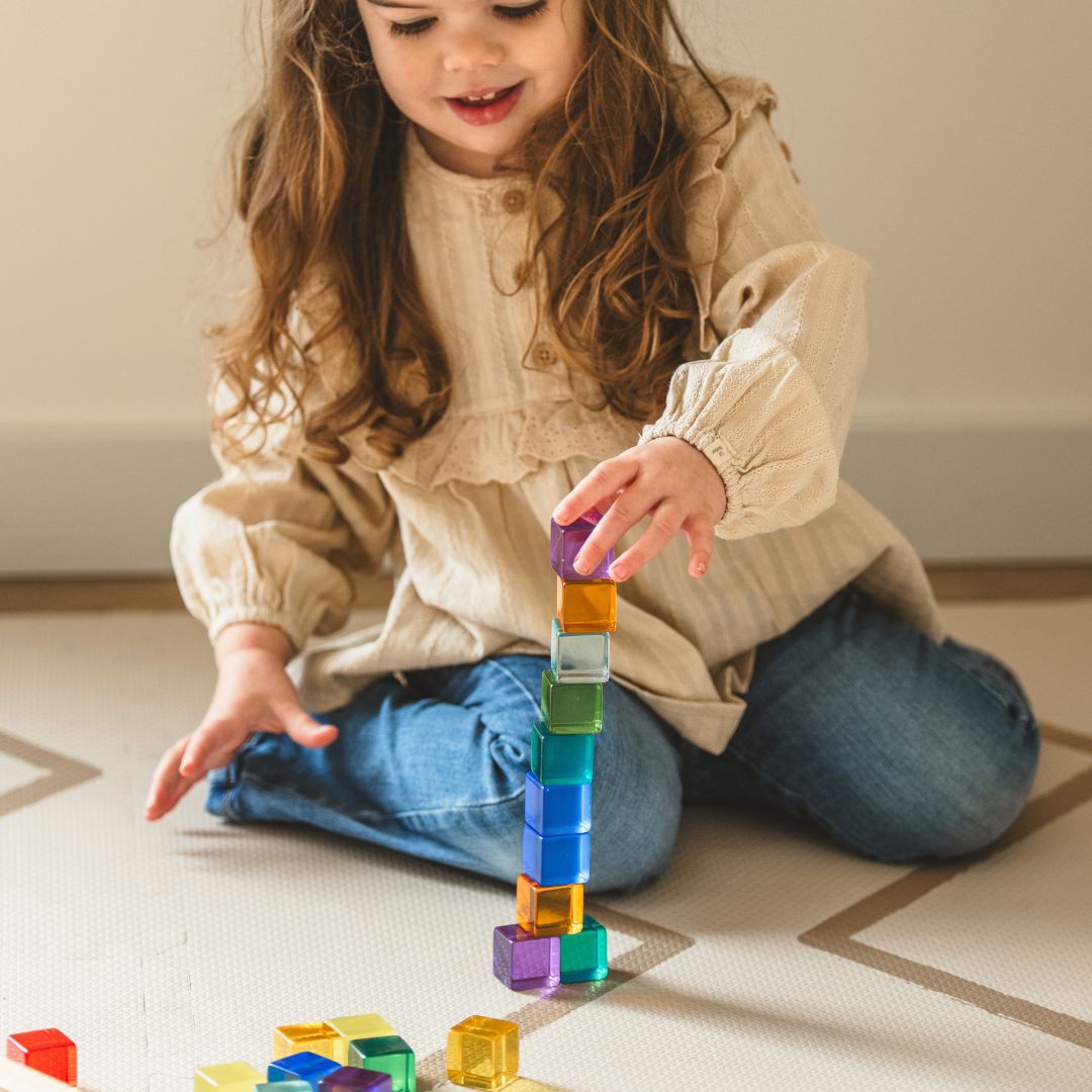 Bauspiel blokken set met vensterblokken, glinsterblokken en licht doorlatende acryl blokjes