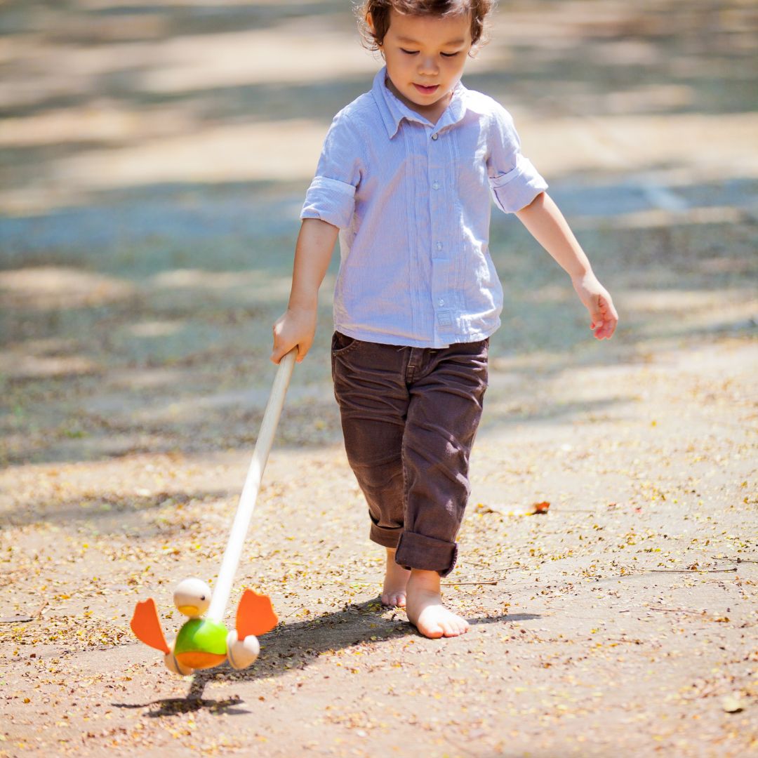 Kind met houten duwstok van Plantoys