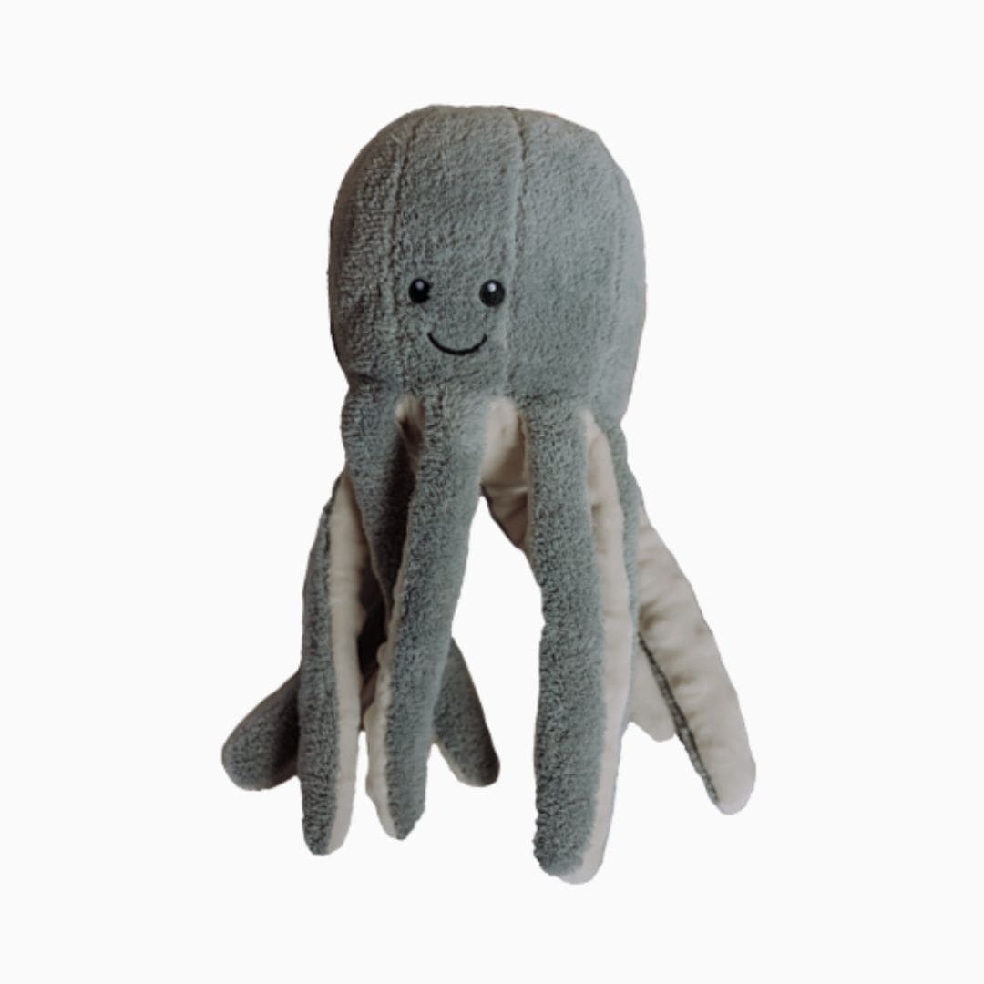 Oplaadbare hartslagknuffel Octopus Olly met huilsensor van Flow Amsterdam in de kleur grijs