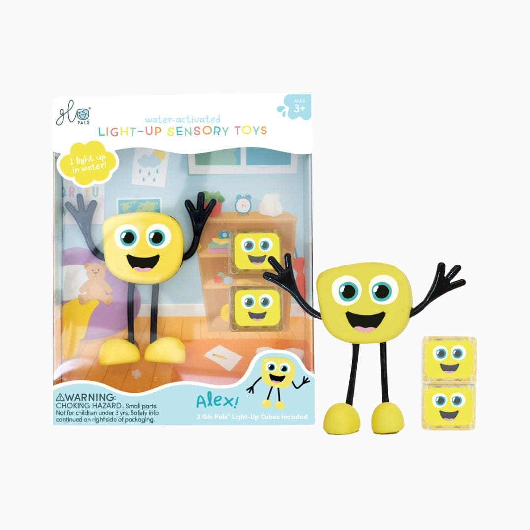 Glo pals light up sensory toy badspeeltje Alex met light up cubes lichtgevende blokjes in de kleur geel