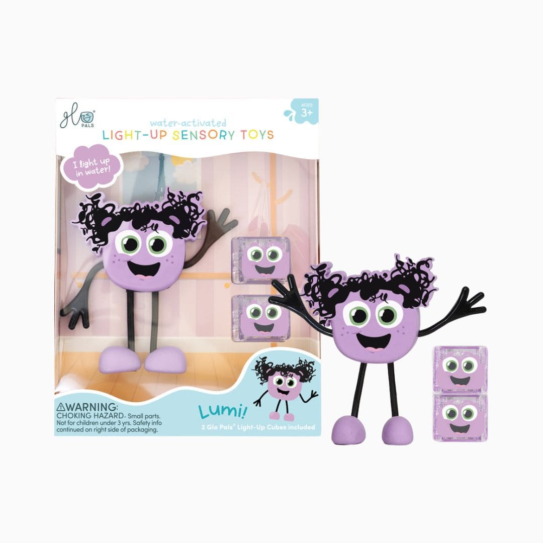 Glo Pals light up sensory toy badspeeltje Lumi met light up cubes lichtgevende blokjes in de kleur paars