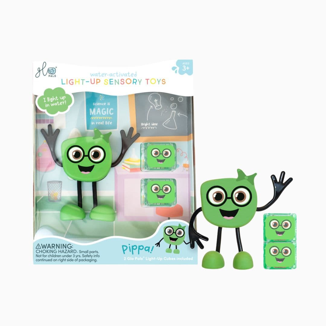 Glo Pals light up sensory toy Pippa met light up cubes lichtgevende blokjes in de kleur groen