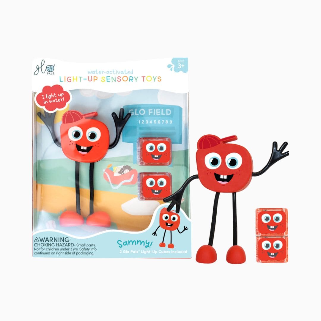 Glo Pals light up sensory toy badspeeltje Sammy met light up cubes lichtgevende blokjes in de kleur rood