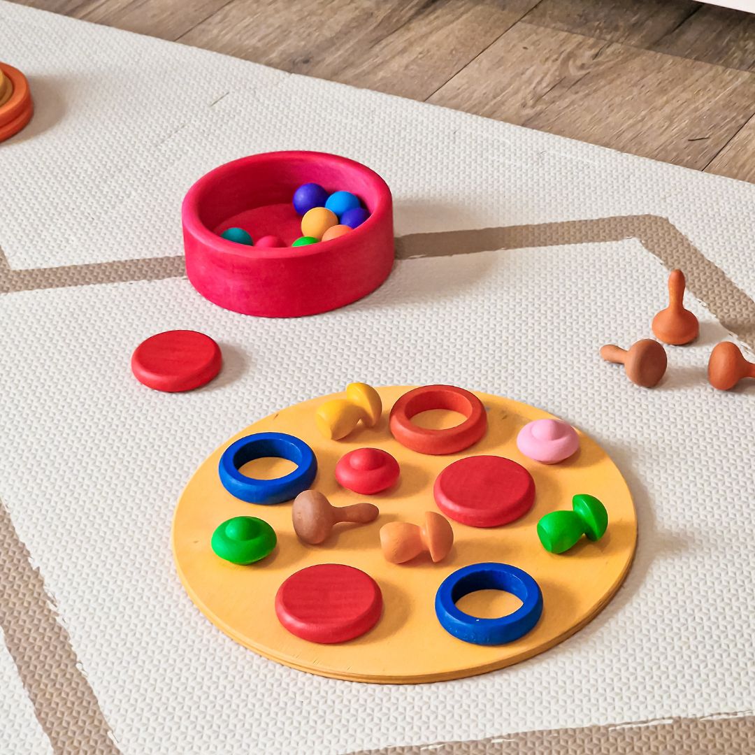 Grapat gekleurde houten ringen in 12 verschillende kleuren in fantasierijk open einde spel