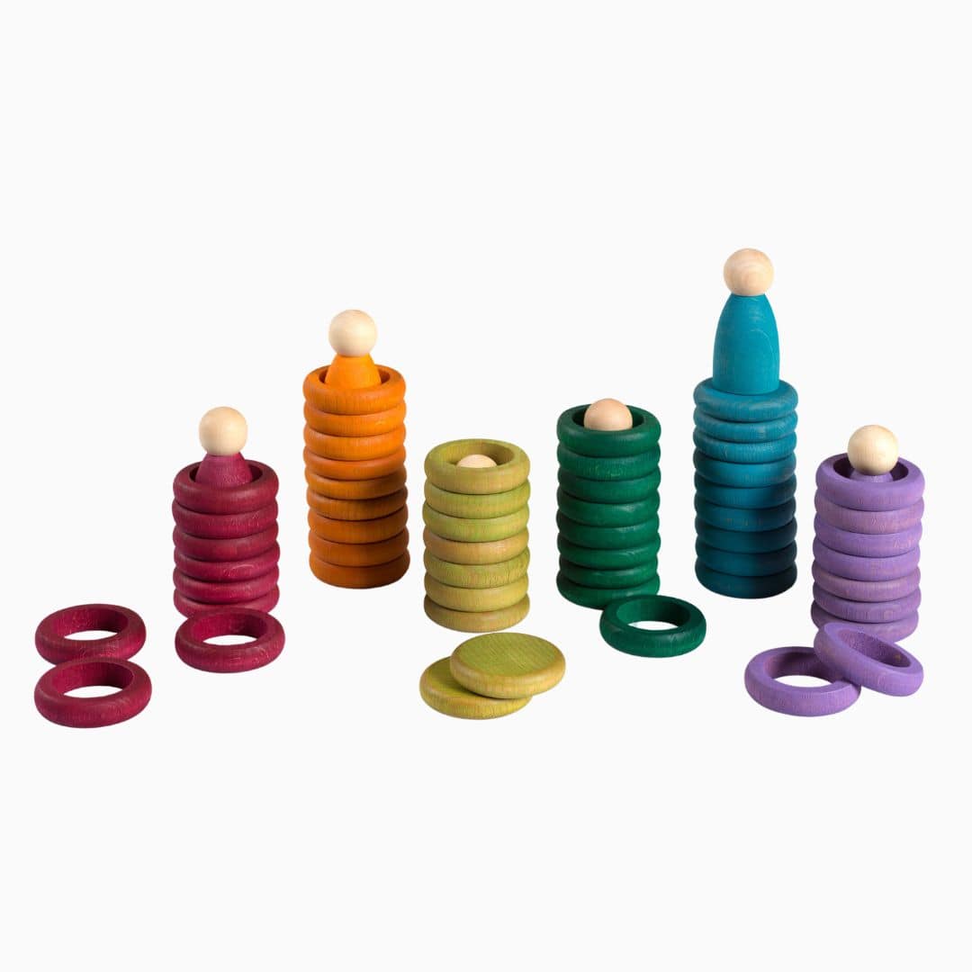 Grapat houten Nins poppetjes met ringen en munten - 60-delig speelset