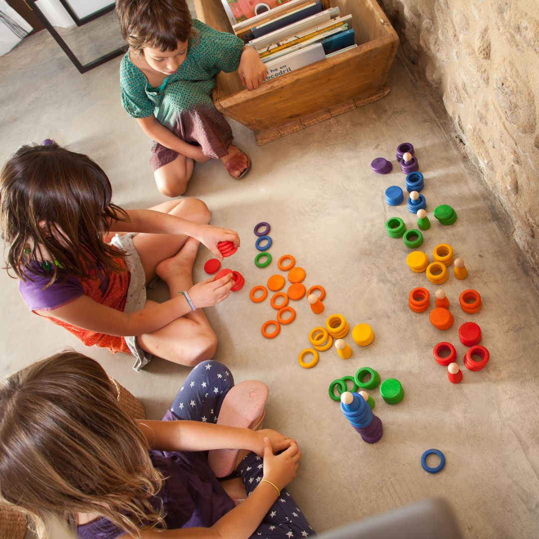 Grapat houten speelgoed set met Nins, ringen en munten in regenboogkleuren