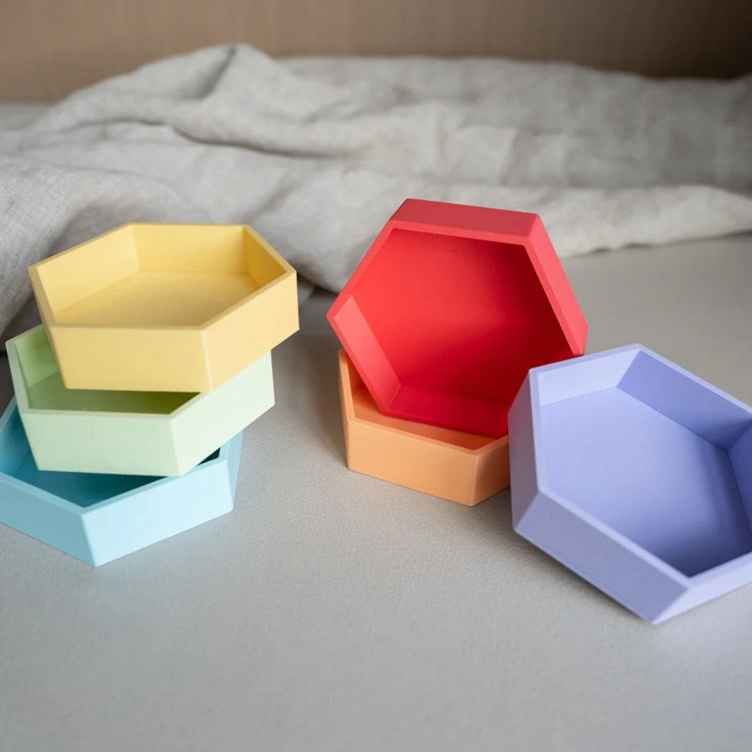 Grennn kinetisch zand accessoires speelbakjes mandigo zeshoek in pasteltinten