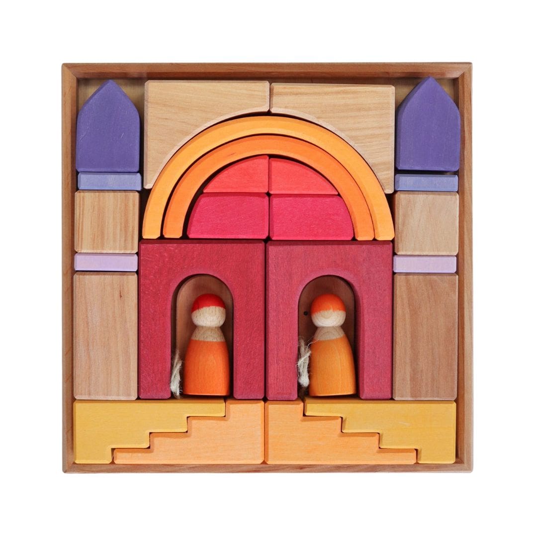 Grimms houten blokkenset desert sand met 26 bouwelementen in naturel, oranje, paars en rood voor fantasierijk open einde spel