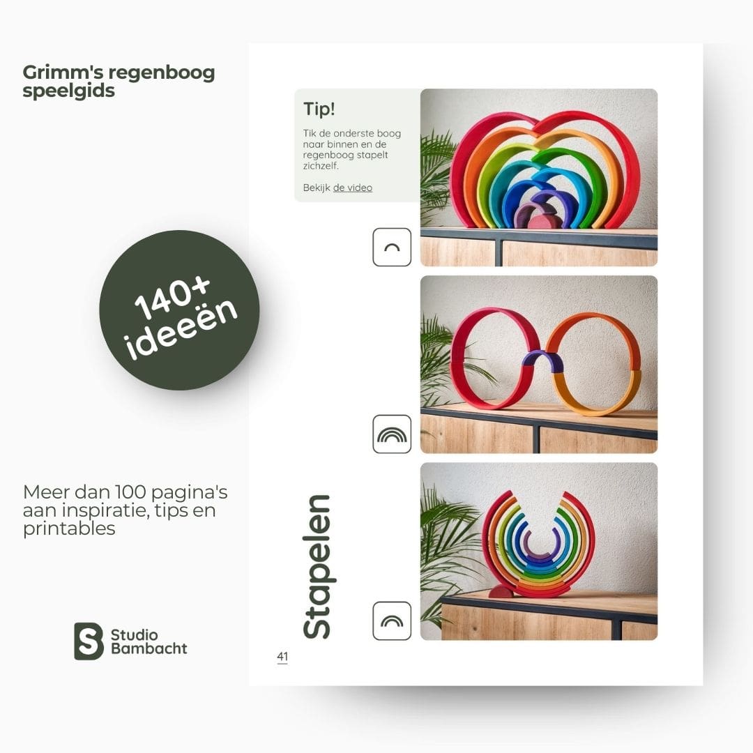 Grimms combideal houten regenboog met houten regenboog, halve cirkels, bouwplaten en speelgids