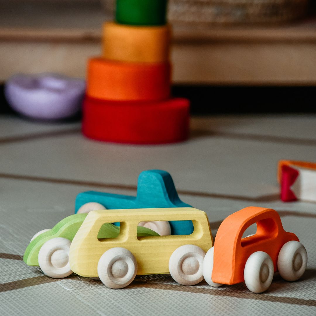 Grimm's Slimline houten speelgoedauto's set van 5 in pastelkleuren