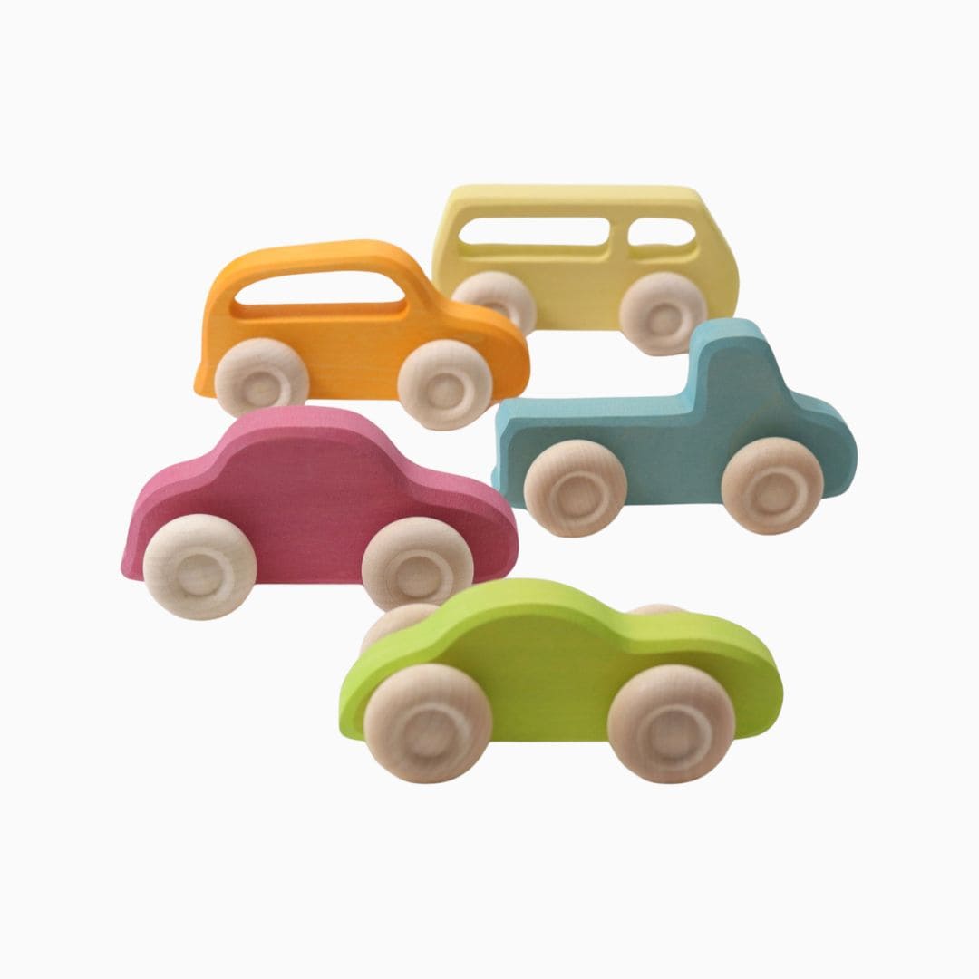 Grimm's Slimline houten speelgoedauto's set van 5 in pastelkleuren
