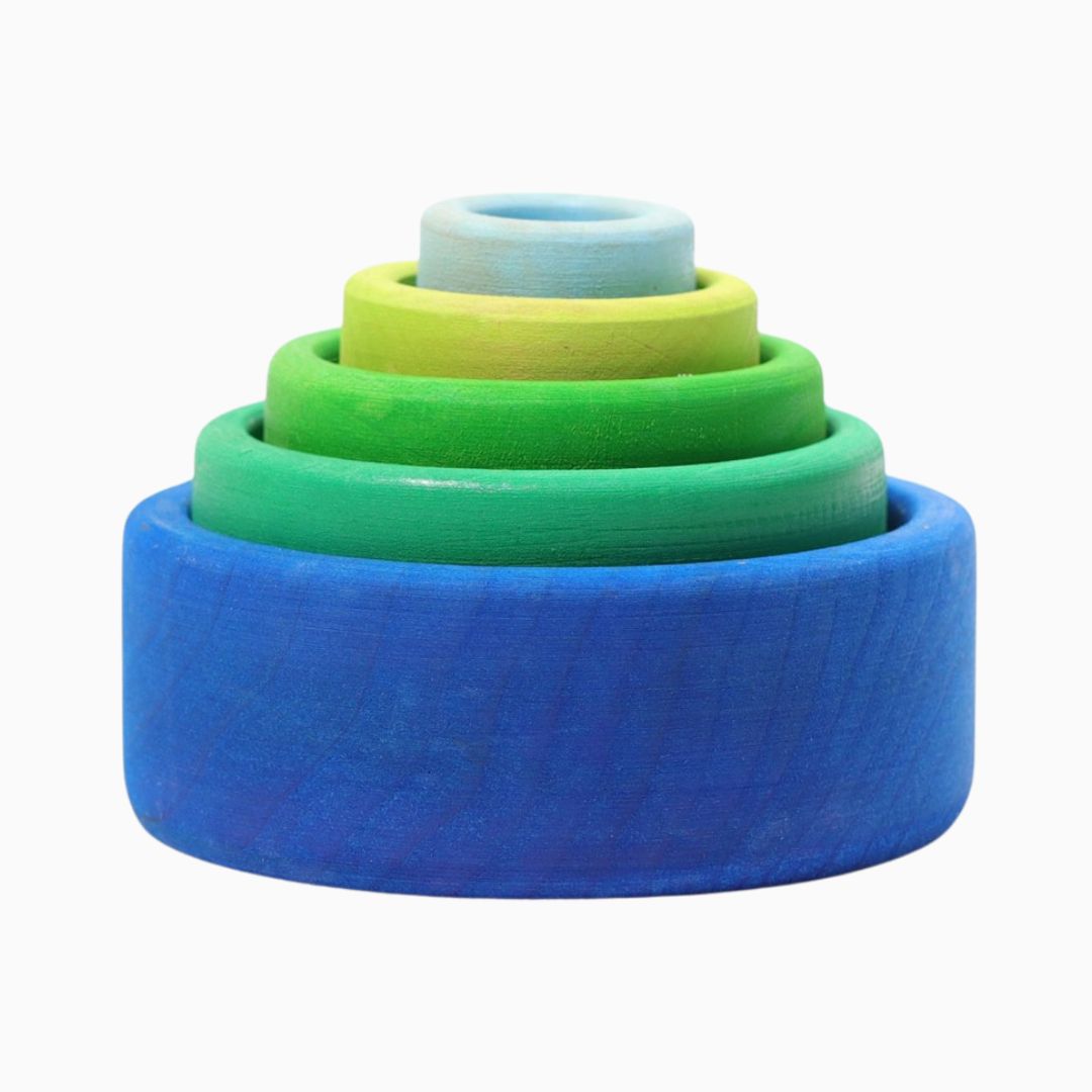 Grimm's houten bakjes in blauw- en groentinten om te stapelen