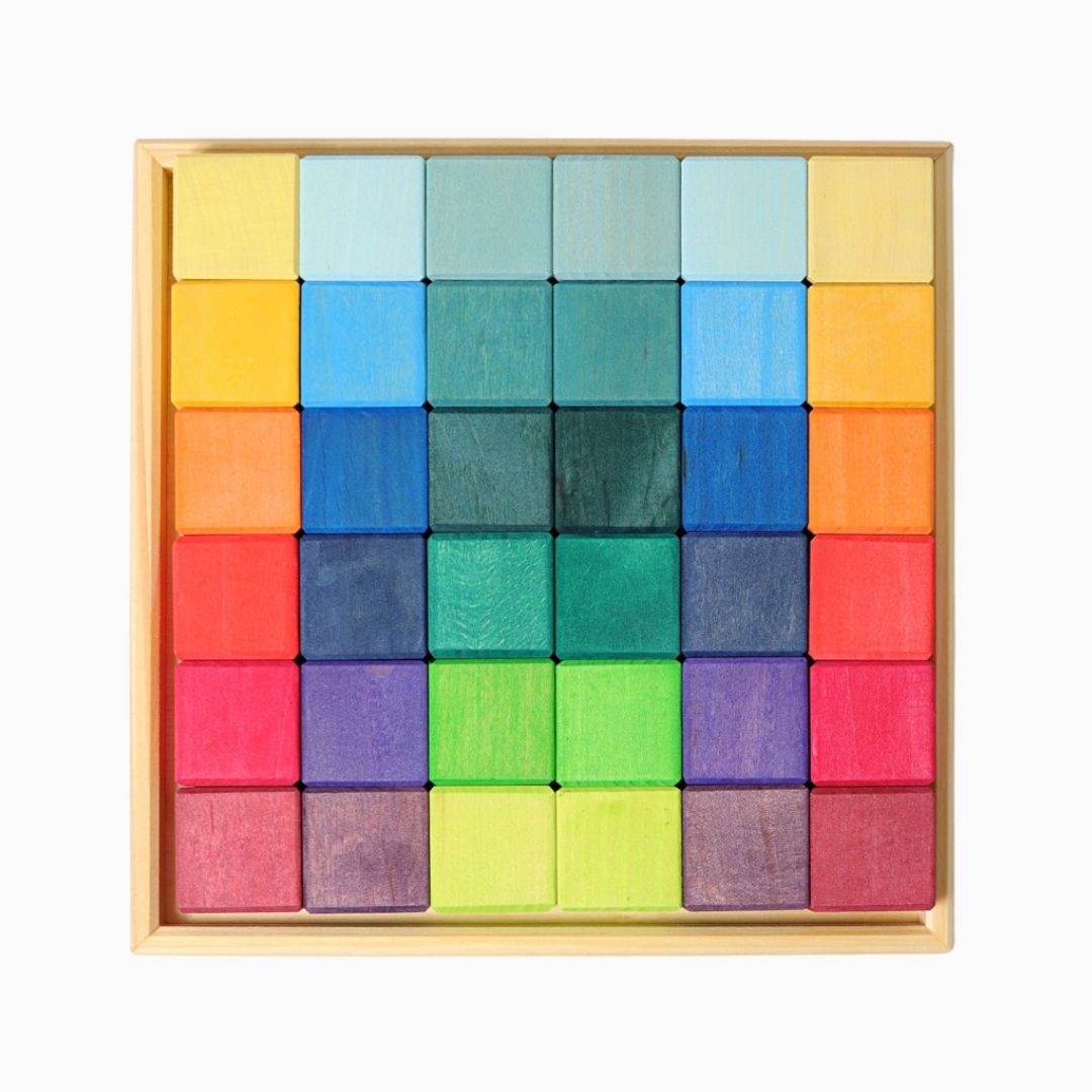 Grimms houten mozaïek blokken vierkant in regenboog kleuren