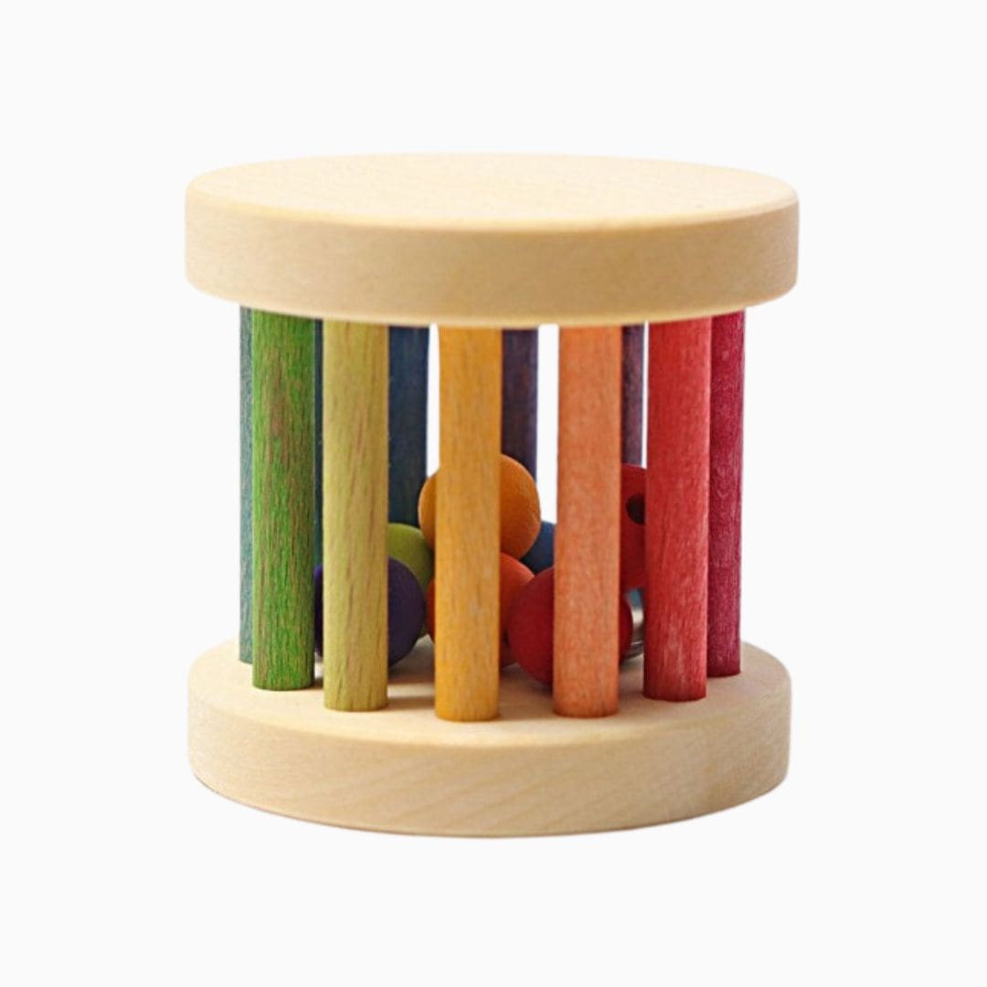 Grimm's rammelaar roller van hout in de kleuren van de regenboog