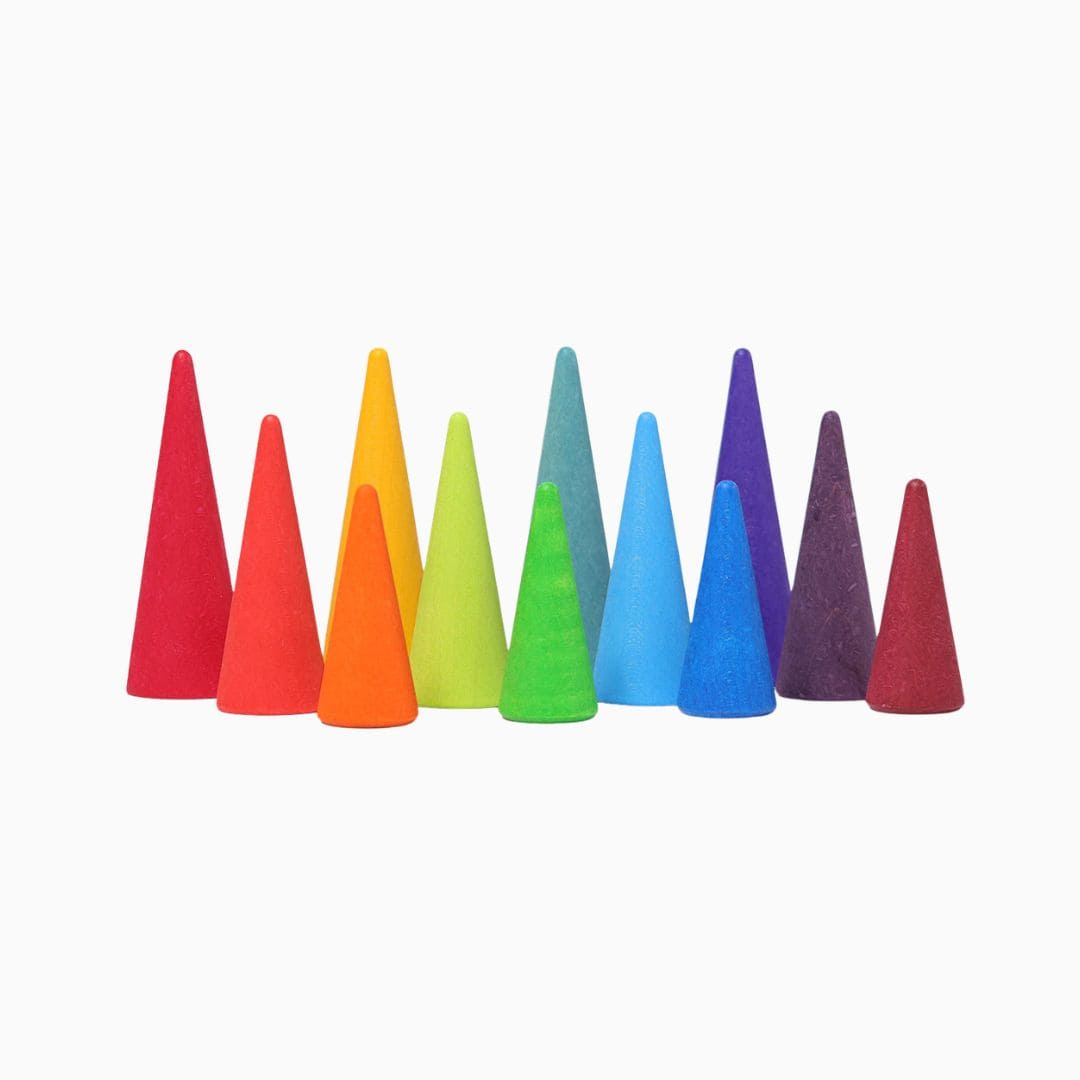 grimms houten kegels in regenboog kleuren