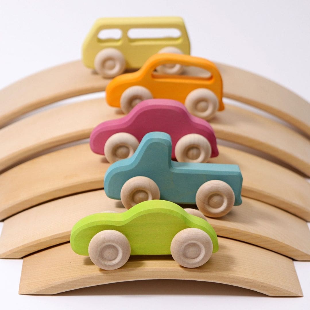 Grimm's Slimline houten speelgoedauto's set van 5 in pastelkleuren