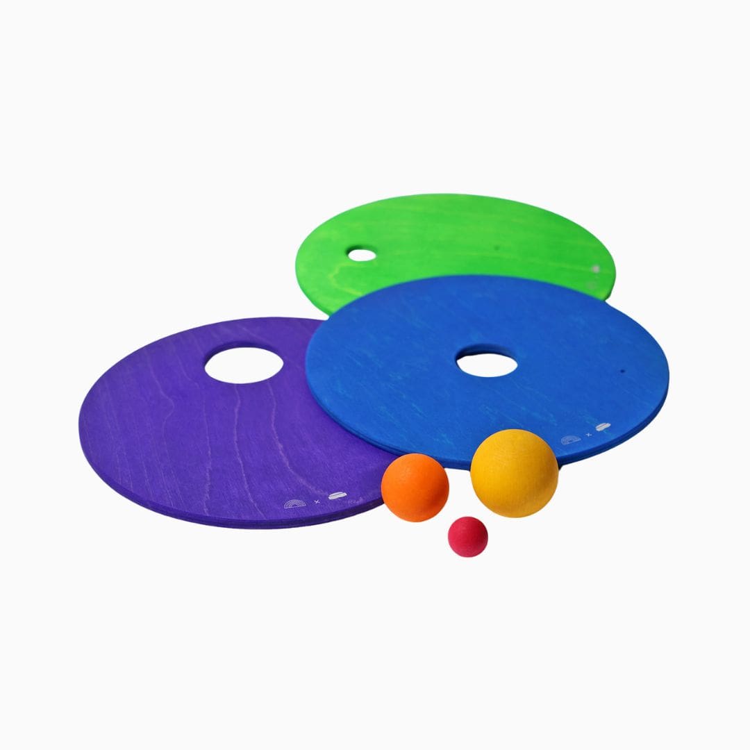 Grimm's x Stapelstein rolling discs houten schijven met houten ballen voor in de stapelstein-stenen regenboog