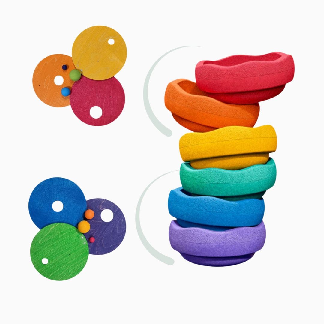 Grimm's x Stapelstein rolling discs houten schijven met houten ballen voor in de stapelstein-stenen regenboog