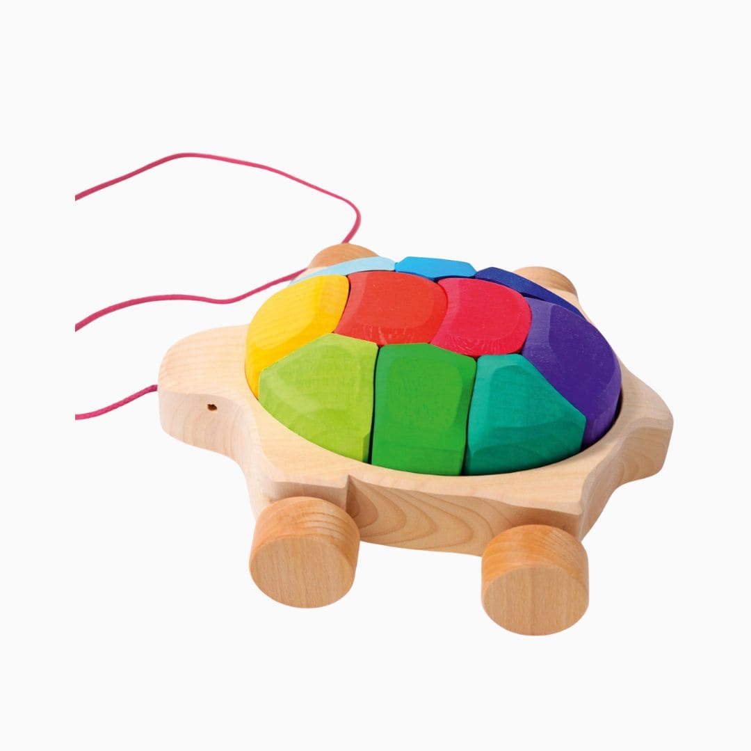 Grimms houten trekdier met schildpad en 10 houten blokken