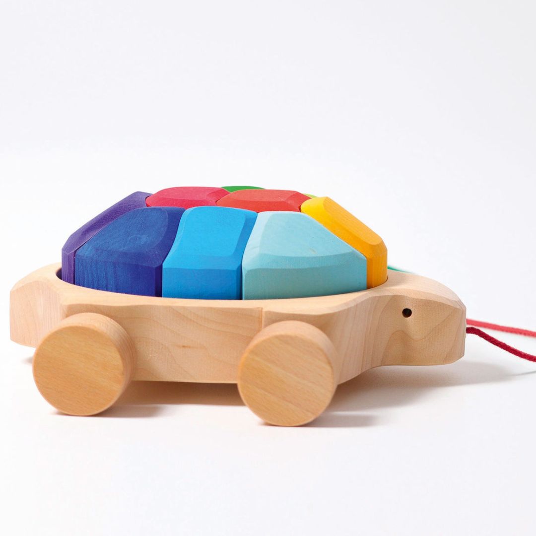 Grimms houten trekdier met schildpad en 10 houten blokken