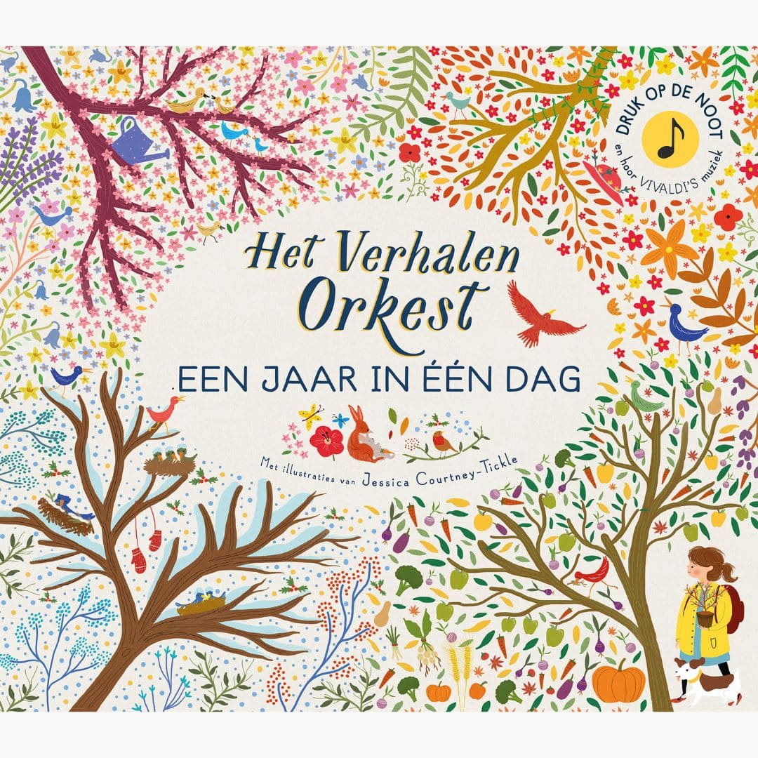 Muziekboek het verhalenorkest een jaar in één dag van uitgeverij Christofoor met illustraties van Jessica Courtney-Tickle