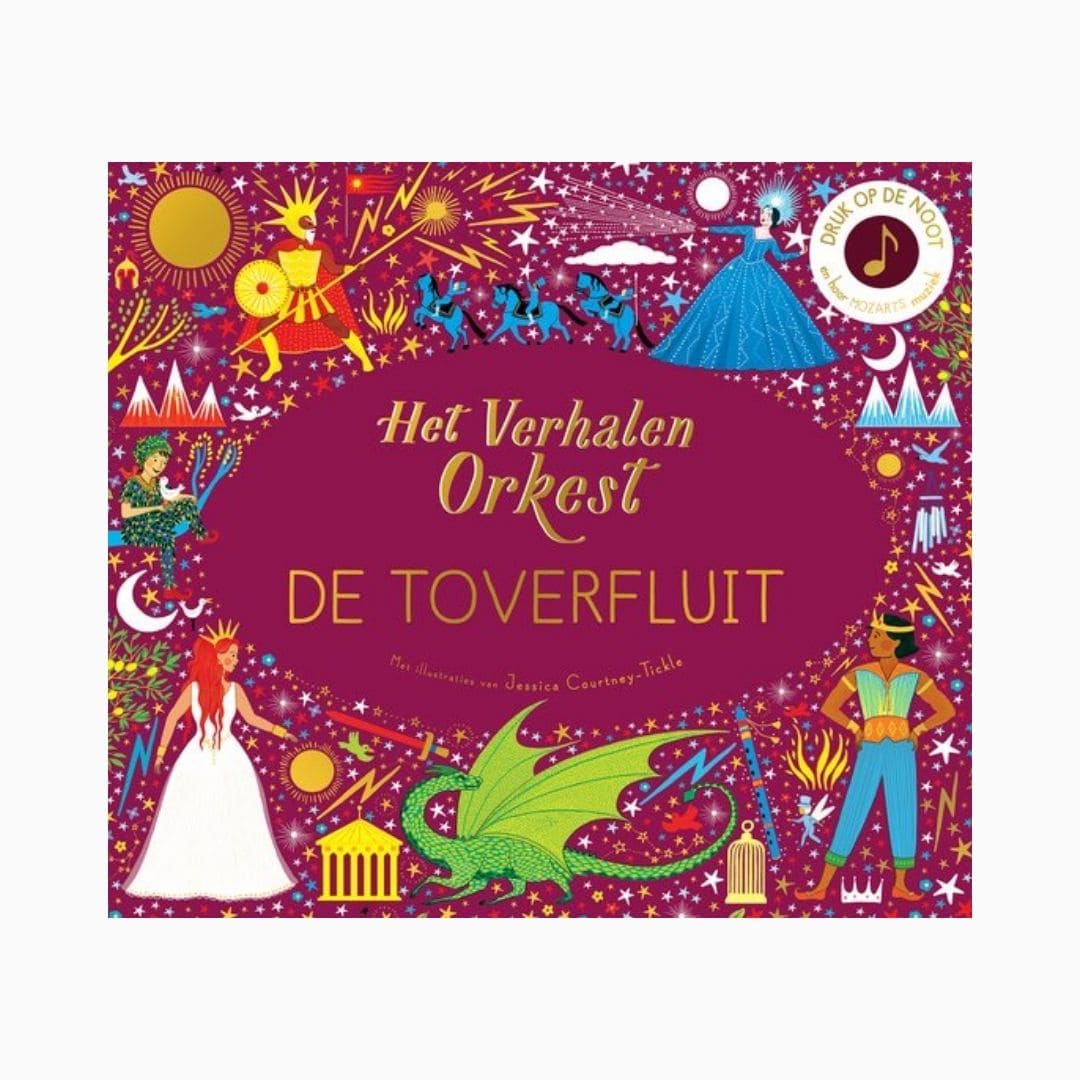 Het verhalen orkest geluidenboek de toverfluit met illustraties van Jessica Courtney tickle