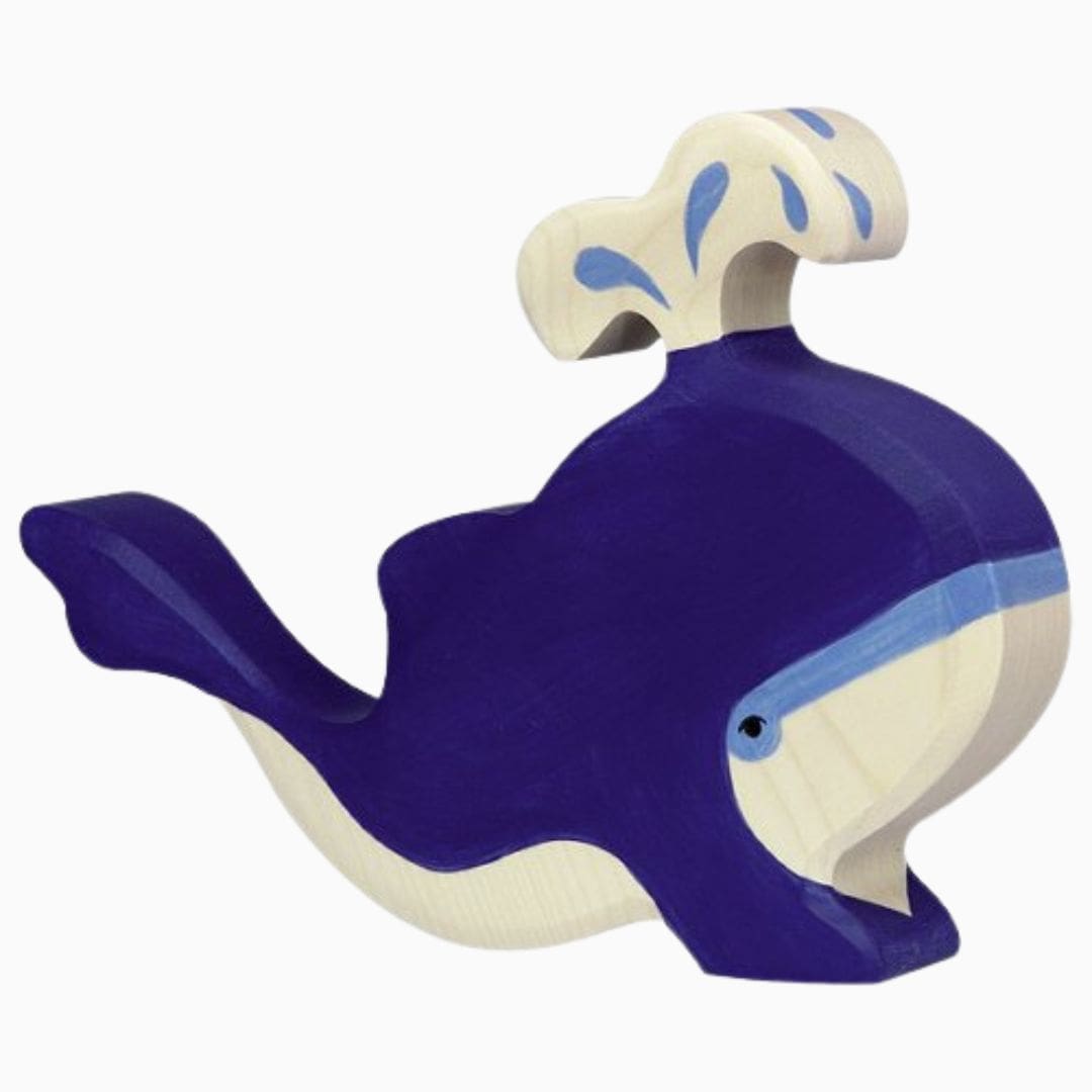 Holztiger blauwe vinvis met waterfontein van hout