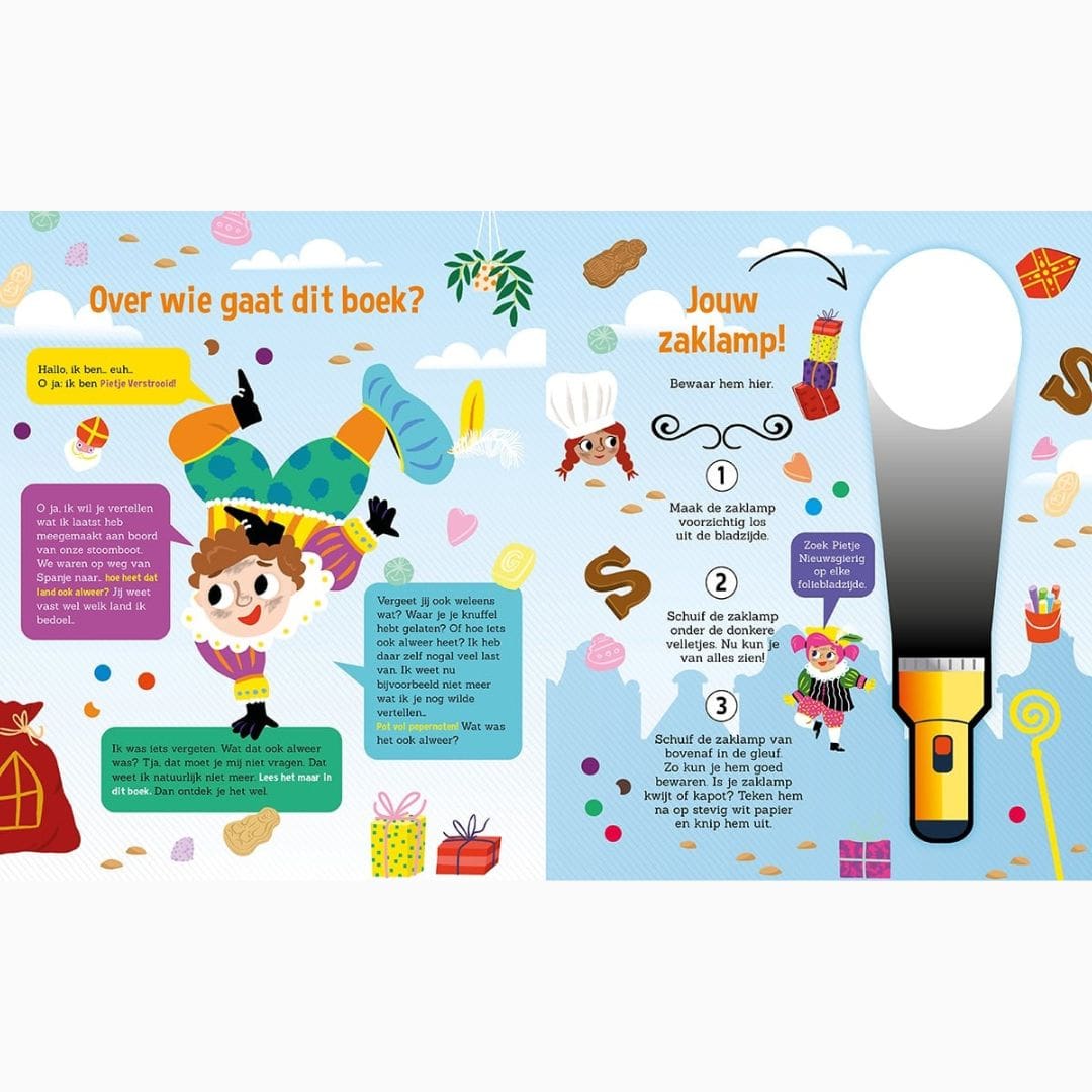 Zoekboek met kartonnen zaklamp over sinterklaas Het heerlijk avondje van Sinterklaas