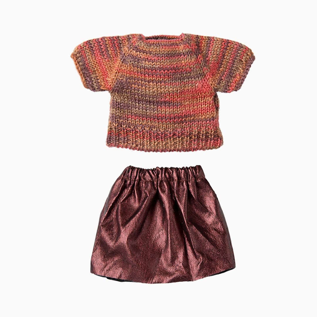 Maileg poppenkleding set met gebreide trui en metallic rok voor mama muis