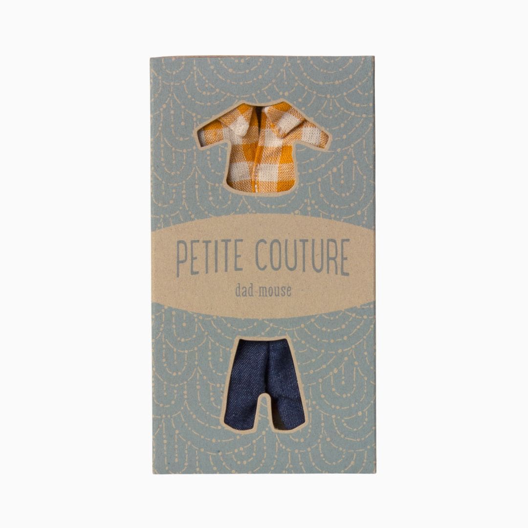 Maileg poppenkleding set met gele geruite blouse en spijkerbroek voor papa muis