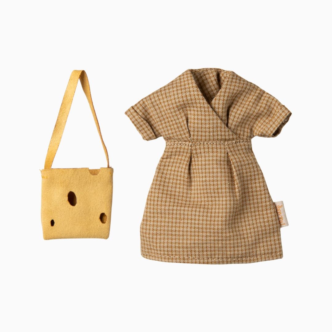 Maileg poppenkleding voor mama muis geruite jurk met tas