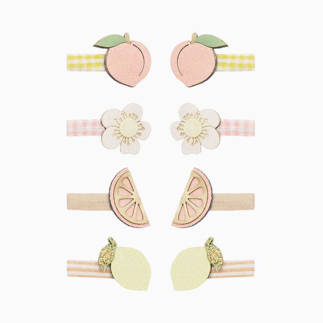 Mimi & Lula haarclipjes zomerfruit met kunstlederen citroenen, perzikken, sinaasappels en bloemen