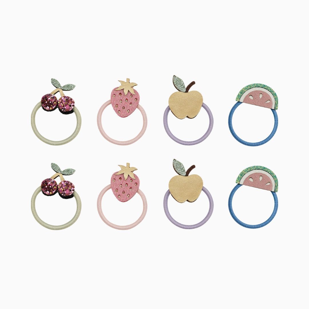 Mimi & Lula haarelastiekjes met kunstlederen fruit als kersen, aardbeien, appels en watermeloen