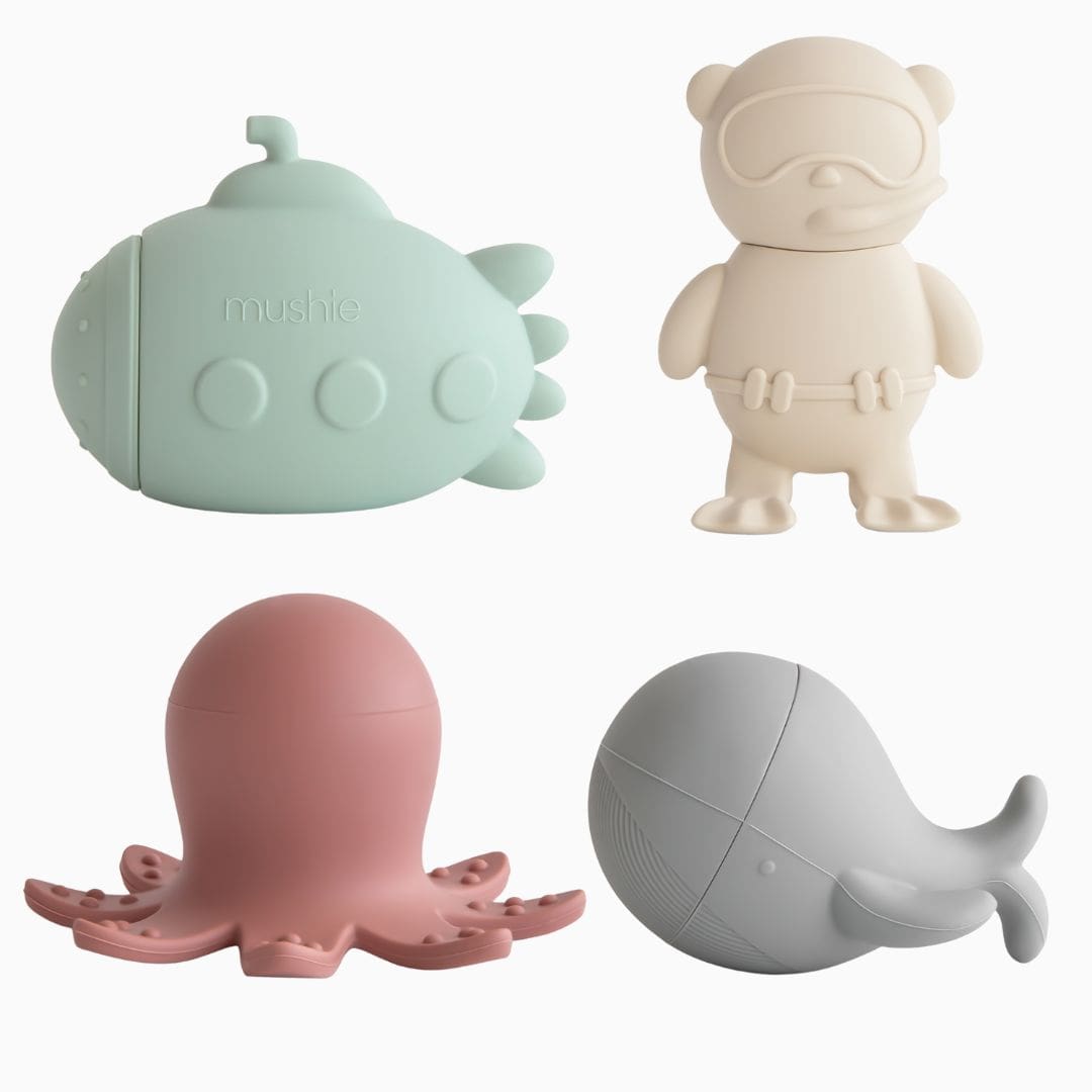 Mushie set van 4 siliconen badspeeltjes in zee-thema