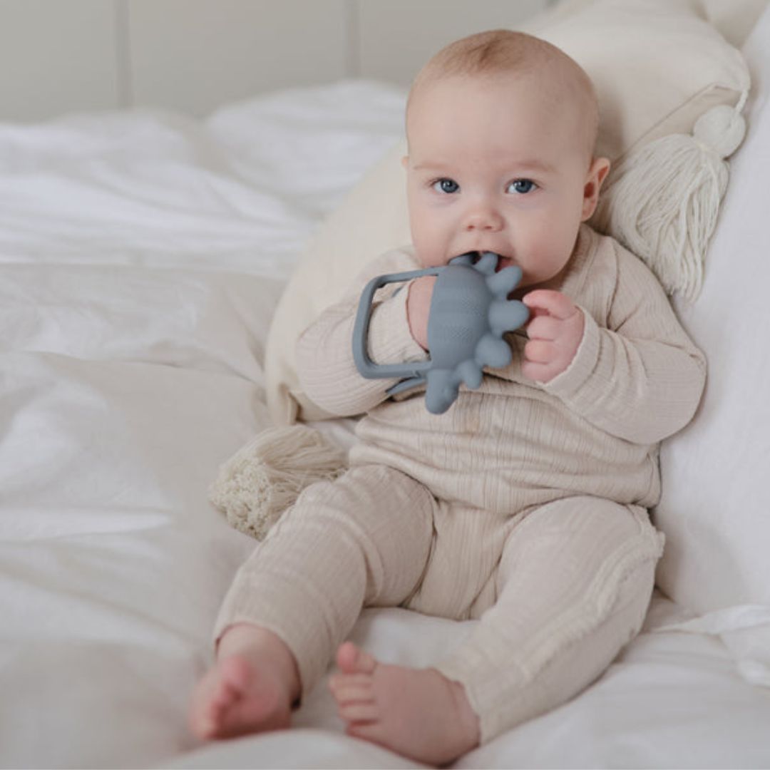 Mushie no-drop sensorisch bijtspeelgoed dinosaurus