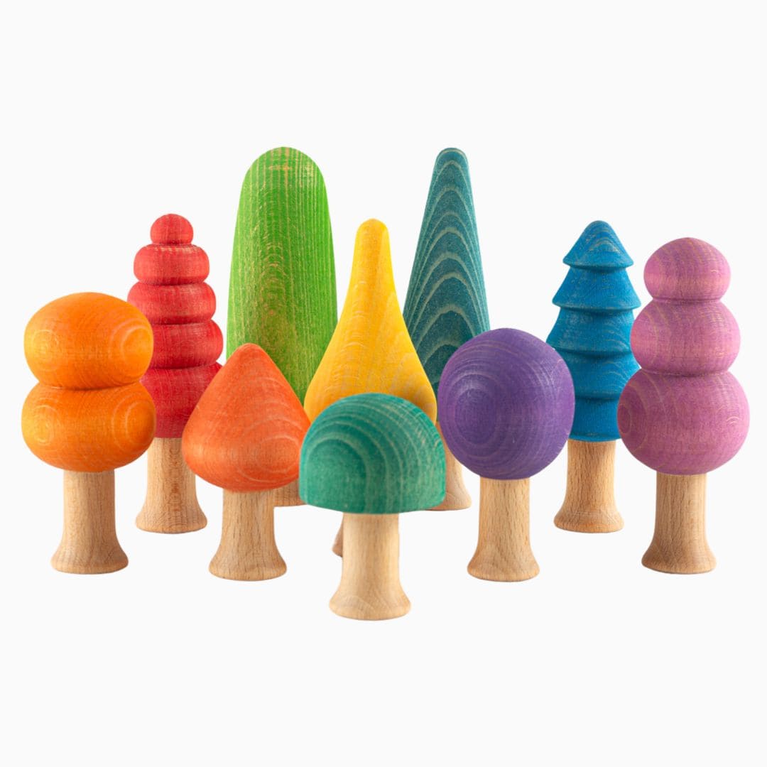 Ocamora set van 10 verschillende houten bomen in regenboog kleuren