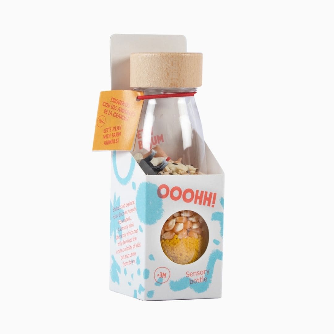 Petit Boum sensorisch speelgoed fles boerderijdieren