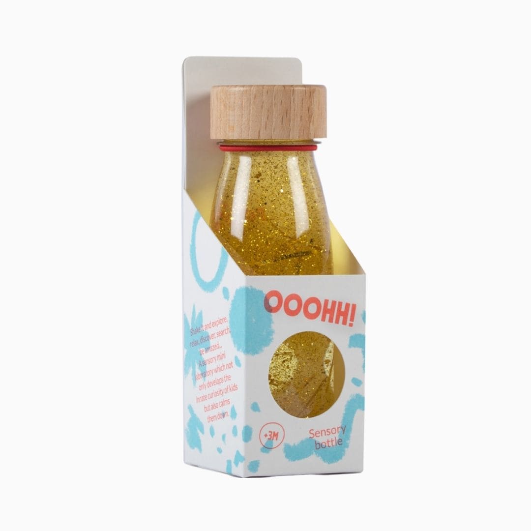 Petit Boum sensory bottle sensorische fles met glitters in de kleur goud