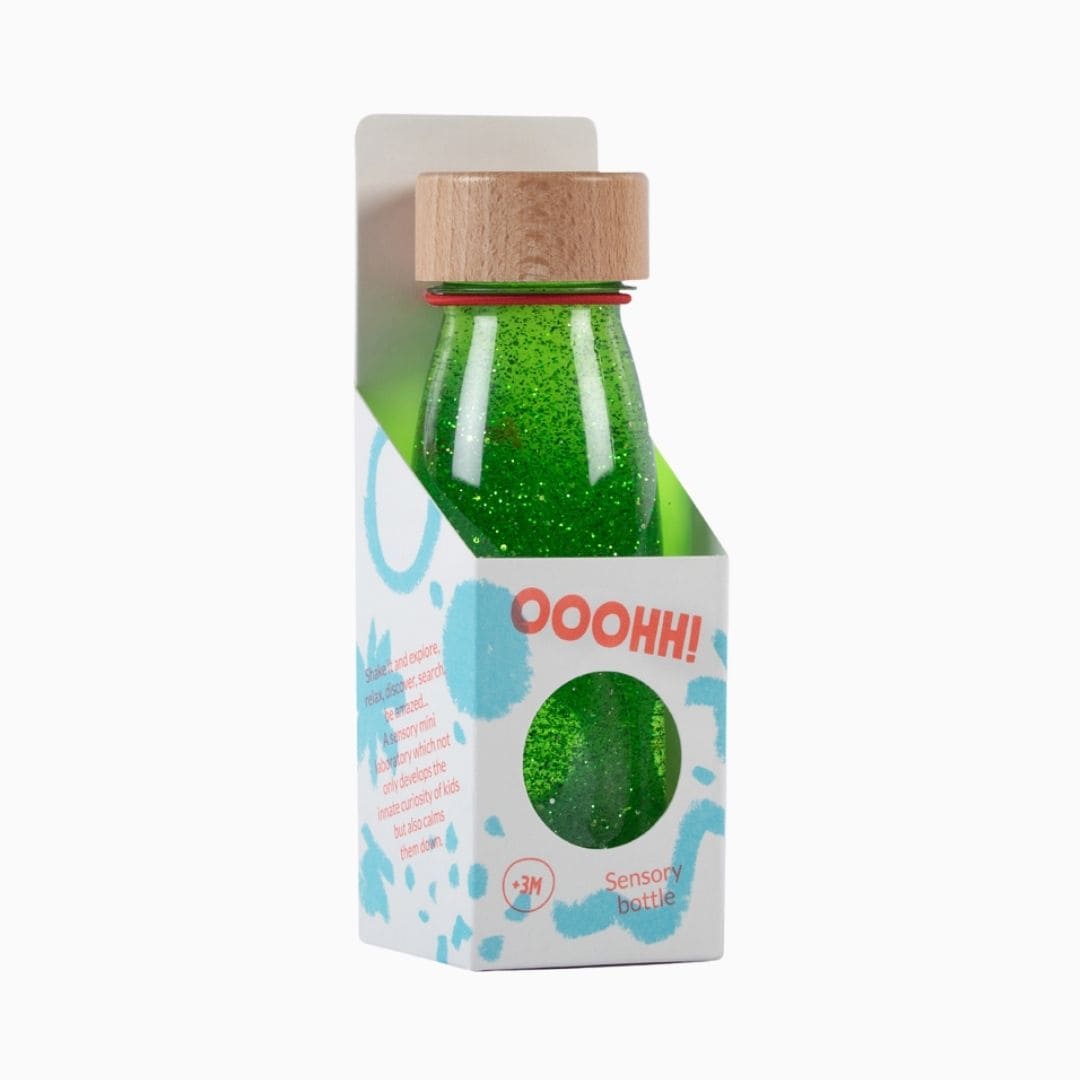 Petit Boum sensory bottle sensorische fles met glitters, pailletten en pompons in de kleur groen