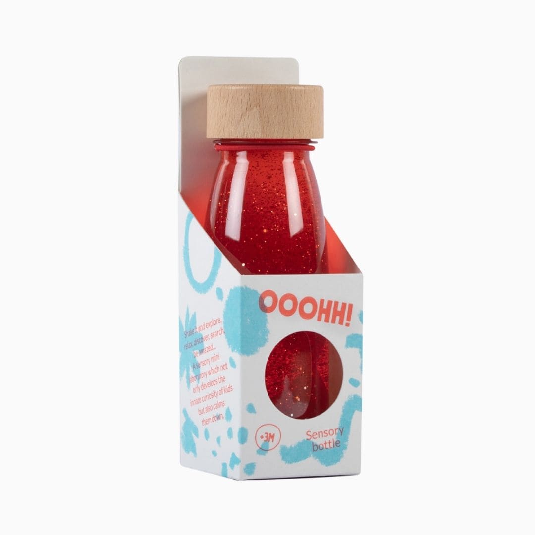 Petit Boum sensory bottle sensorische fles met glitters, pailletten en pompons in de kleur rood