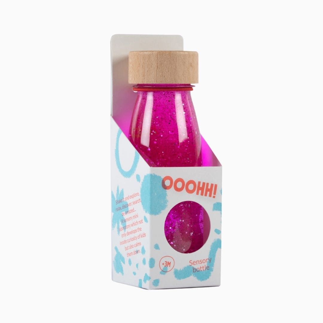 Petit Boum sensory bottle sensorische fles met glitters, pailletten en pompons in de kleur roze