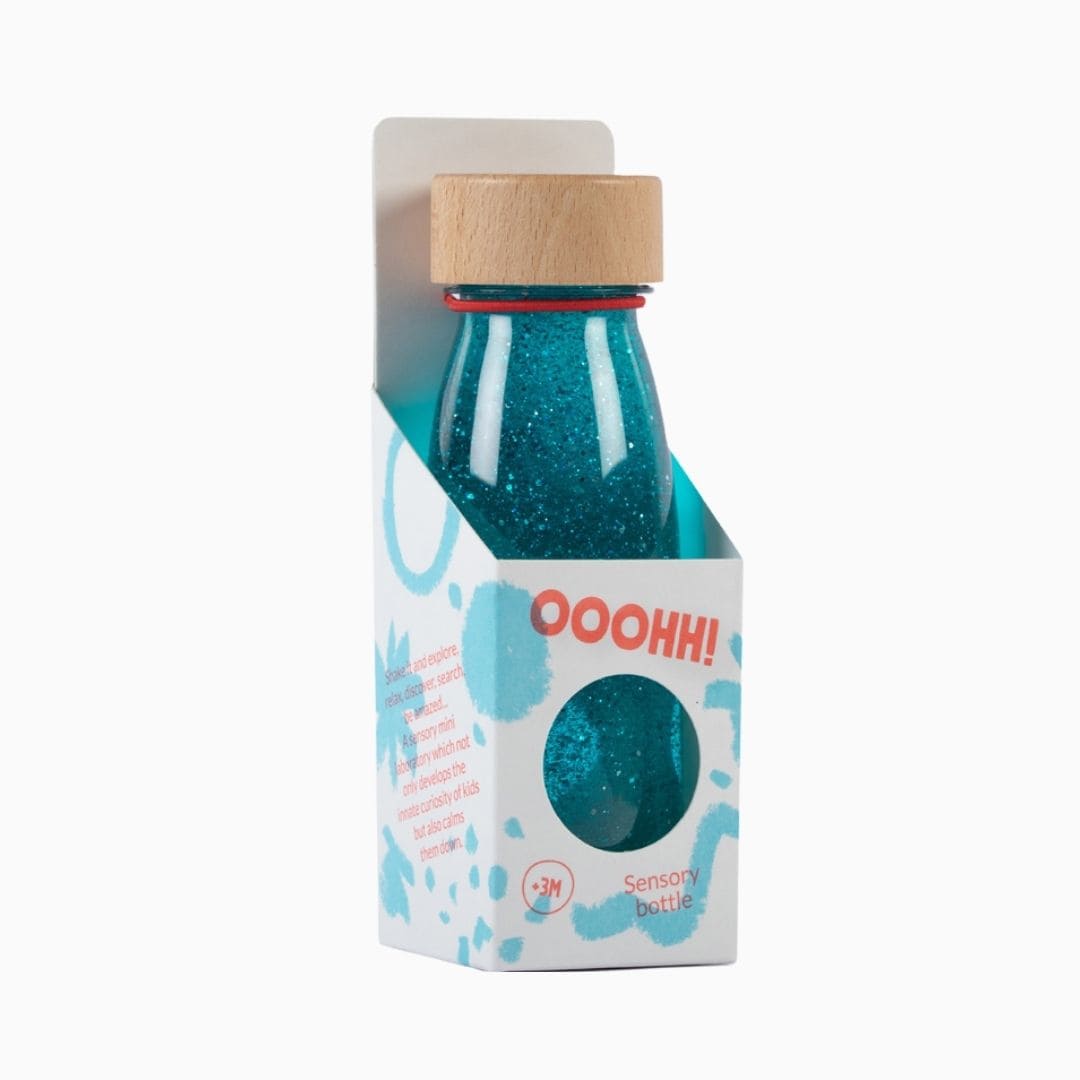 Petit Boum sensory bottle sensorische fles met glitters, pompons en pailletten in de kleur turquoise