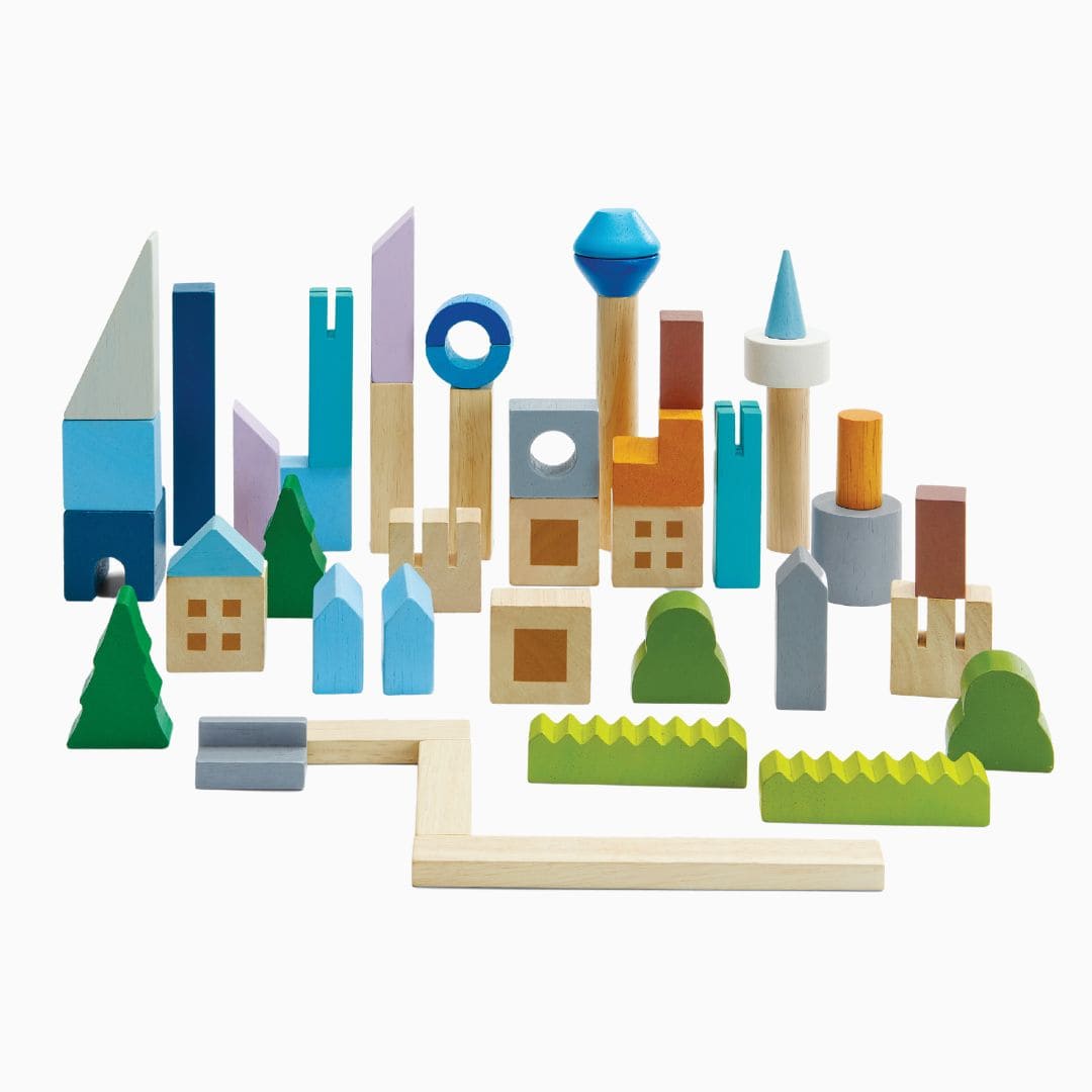 PlanToys houten speelgoed blokken set 45-delig urban city